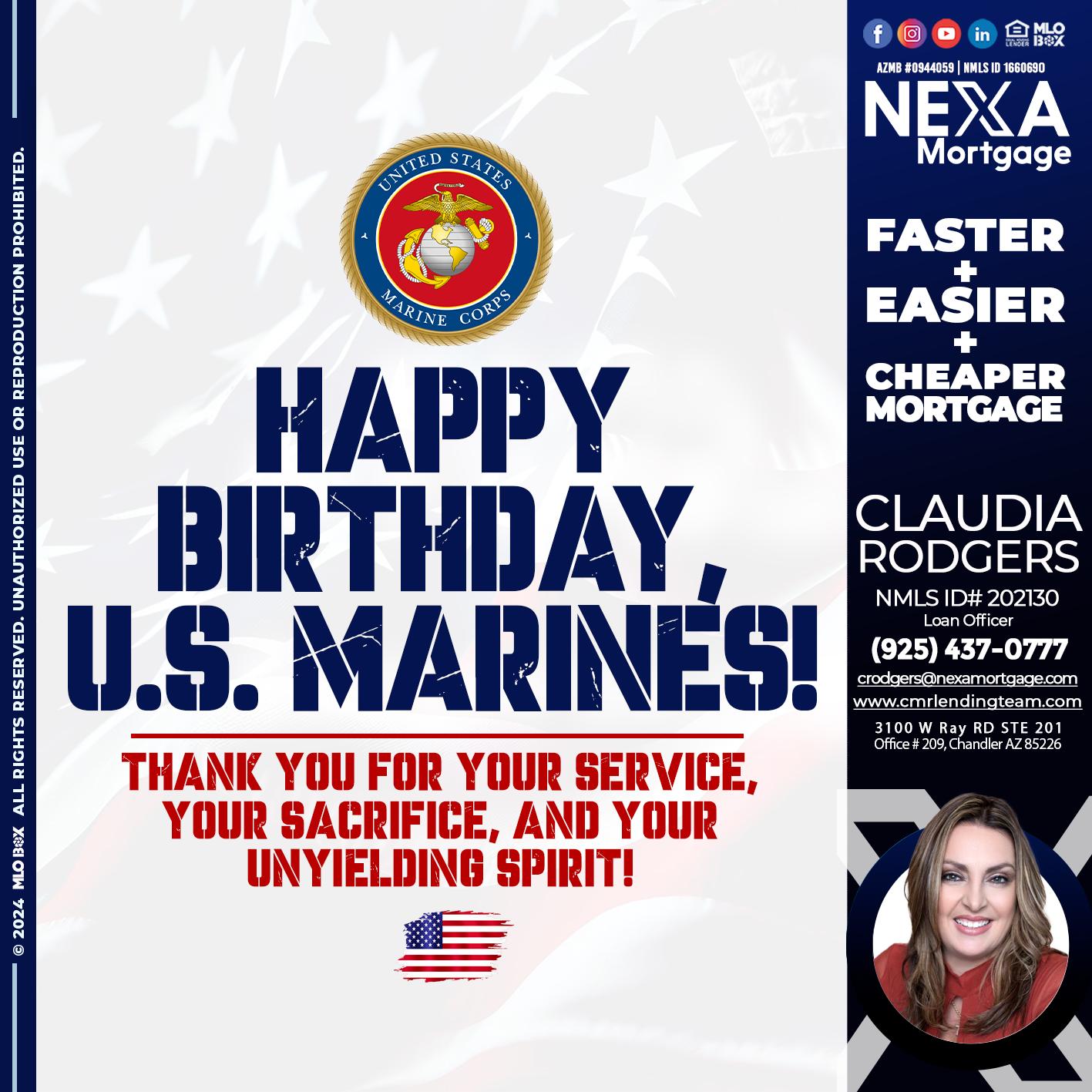 US MARINE BIRTHDAY - Claudia Rodgers -Loan Officer