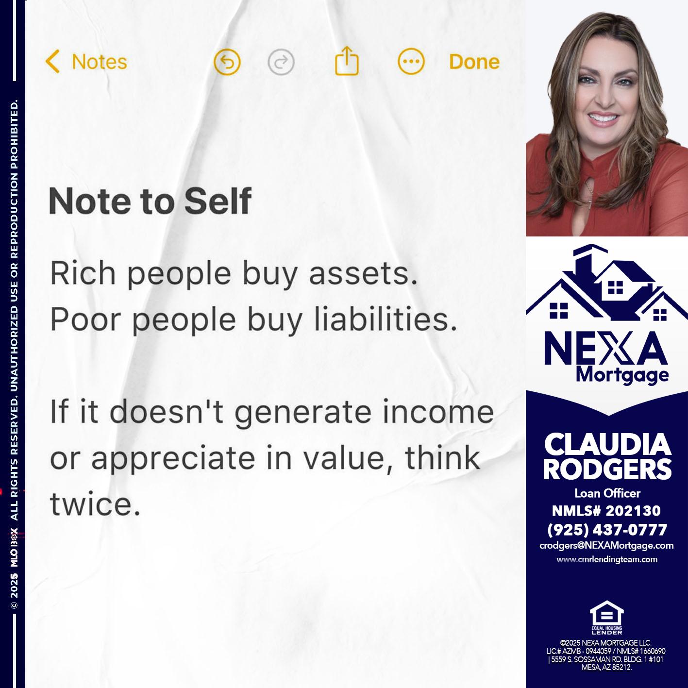 NOTE TO SELF - Claudia Rodgers -Loan Officer
