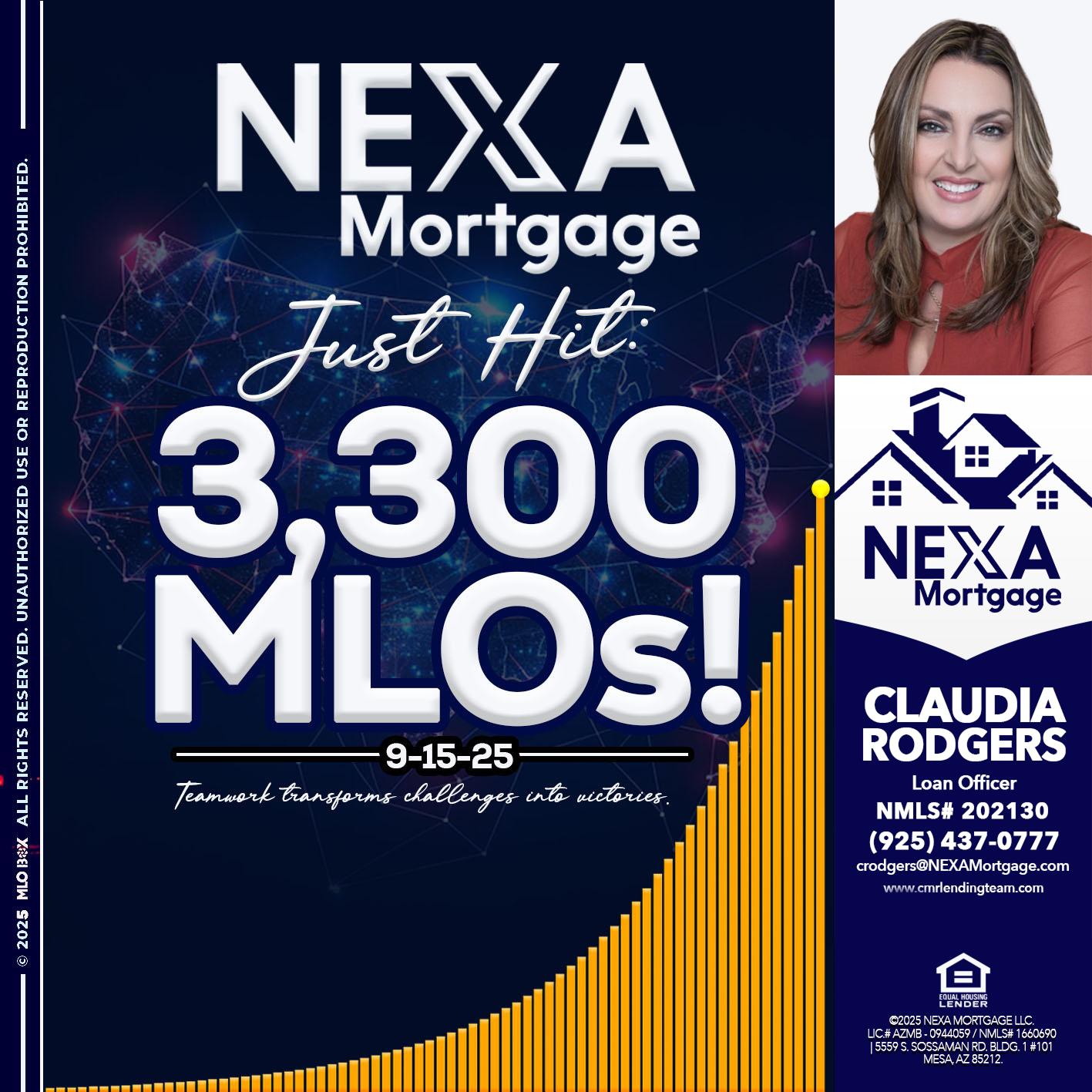 NEXA JUST HIT 3300 MLOS - Claudia Rodgers -Loan Officer