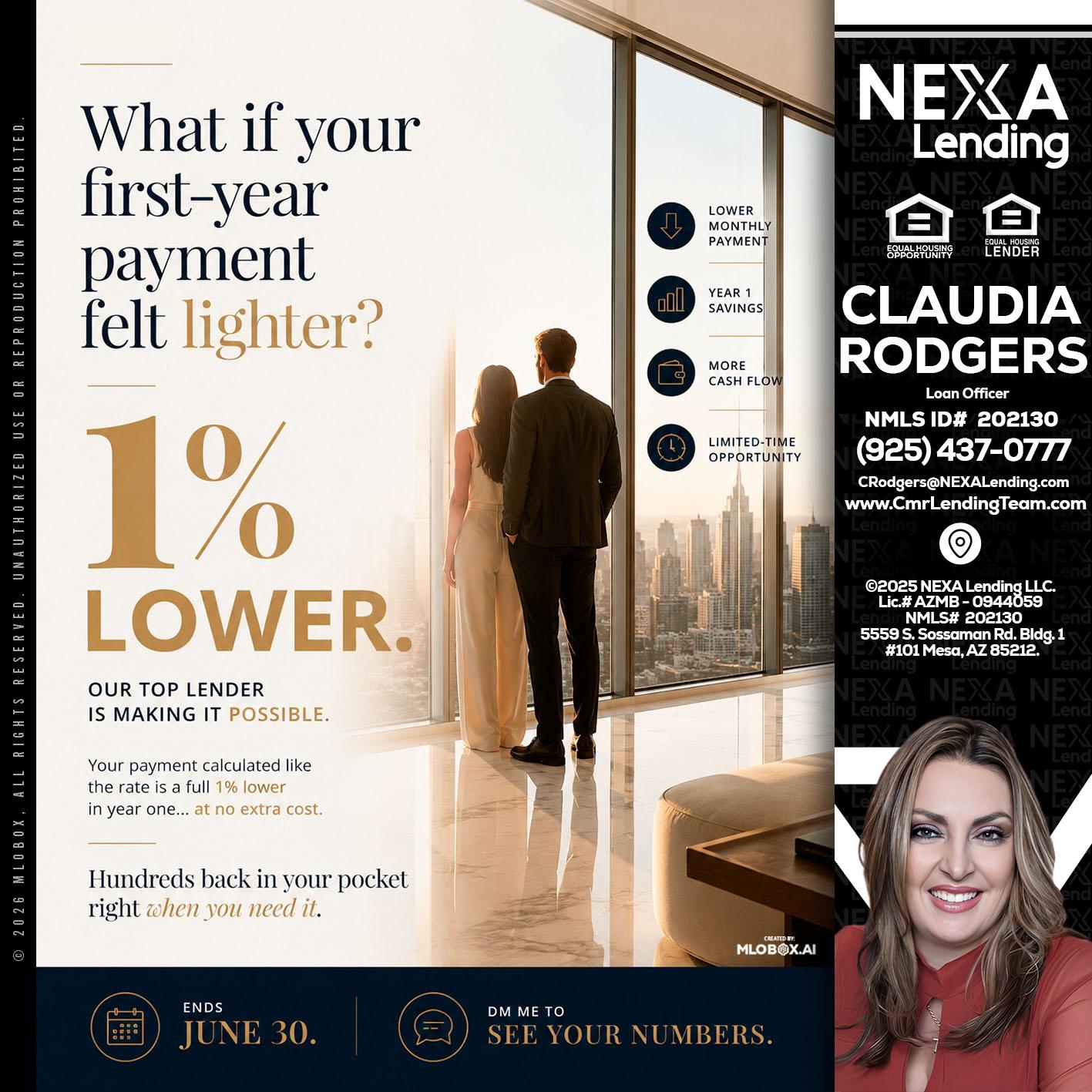 1% lower - Claudia Rodgers -Loan Officer