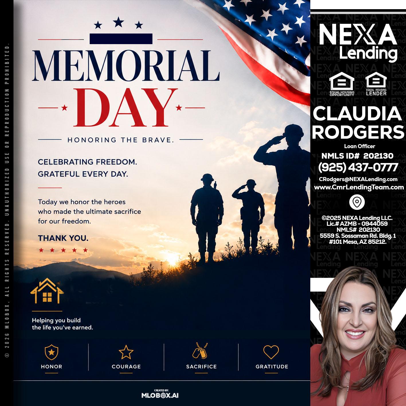 MEMORIAL DAY - Claudia Rodgers -Loan Officer