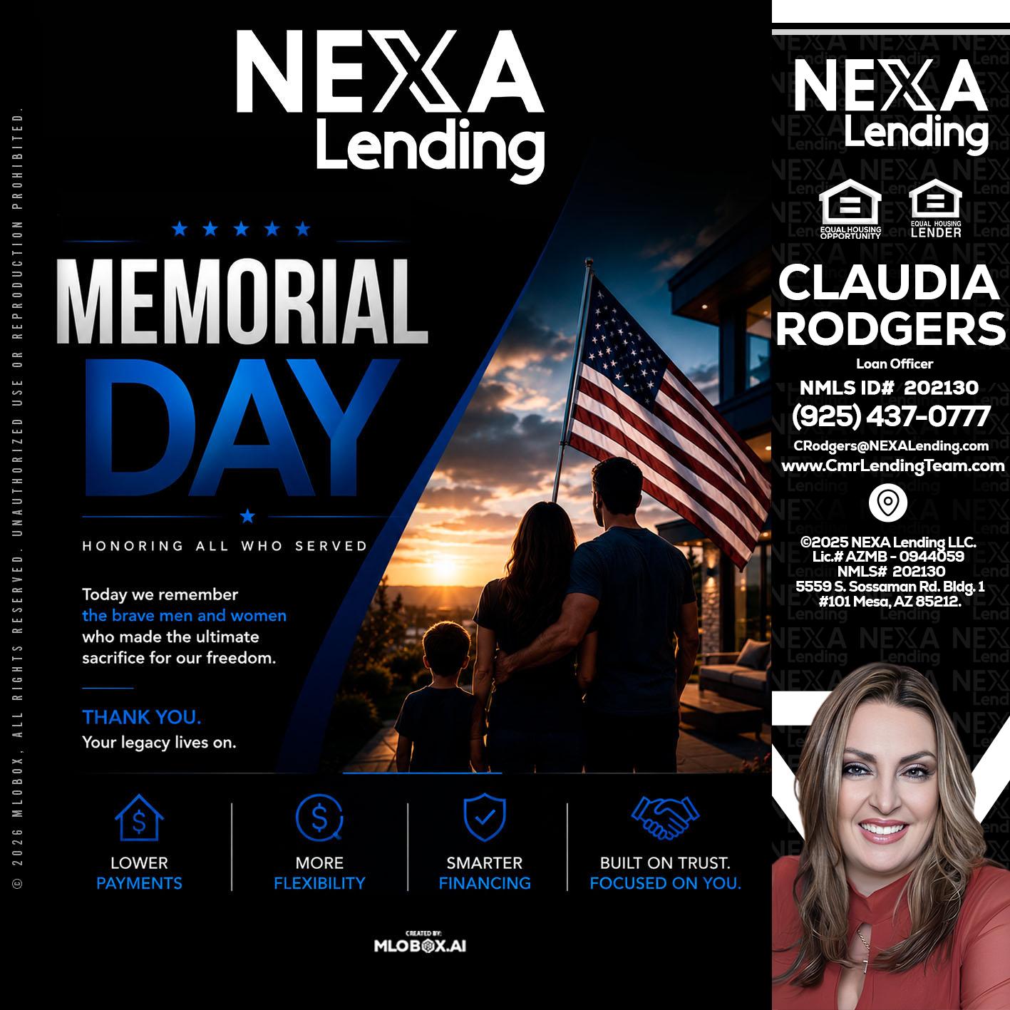 MEMORIAL DAY - Claudia Rodgers -Loan Officer